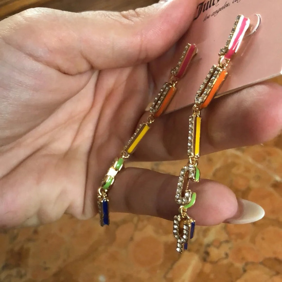 NWT JUICY COUTURE earrings drop rainbow rhinestone crystal logo - Picture 3 of 3